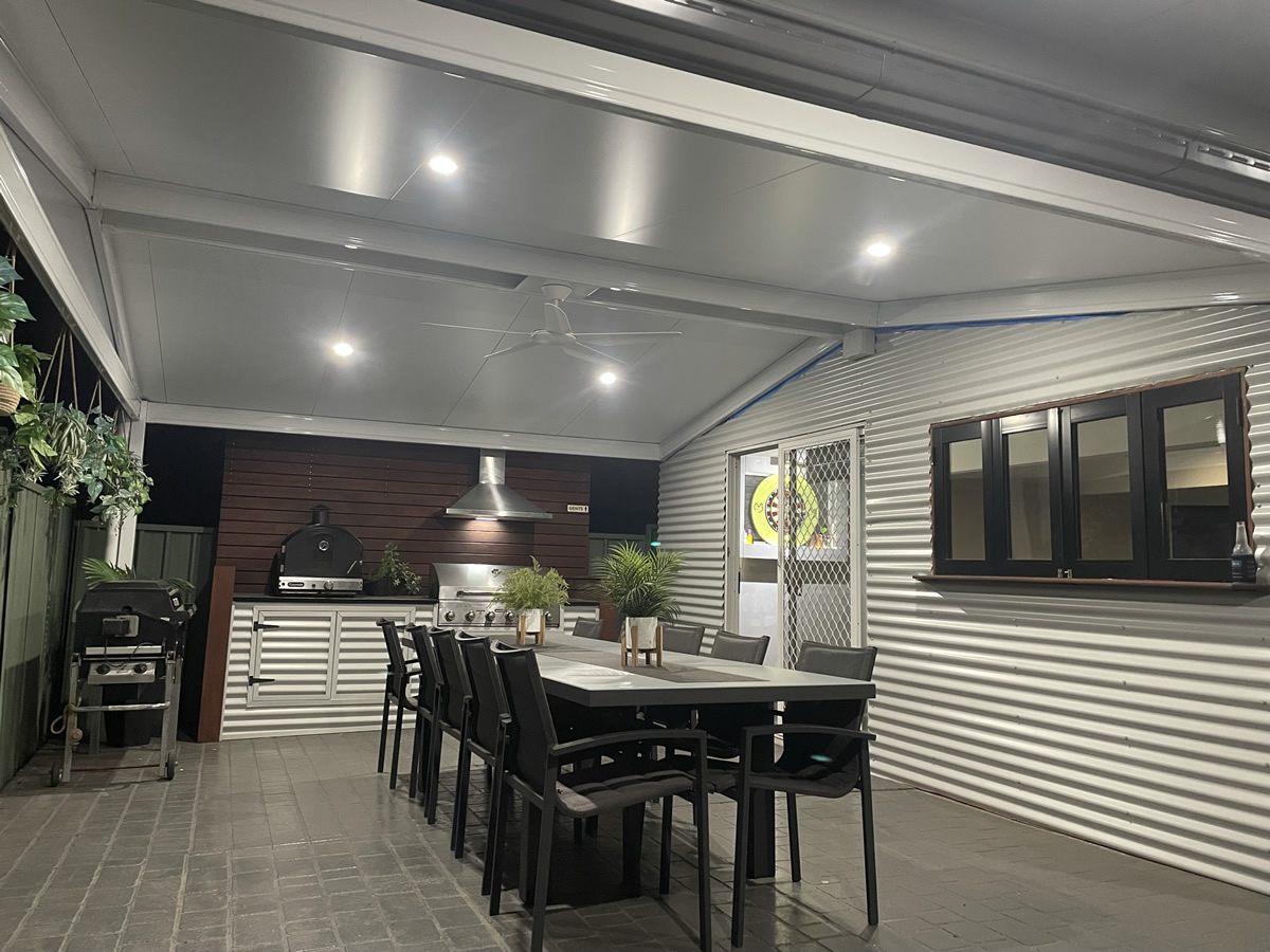 Gabled Insulated Roof with ColorbondBasalt Gutter and Thredbo White underside, including provision for downlights and fan.